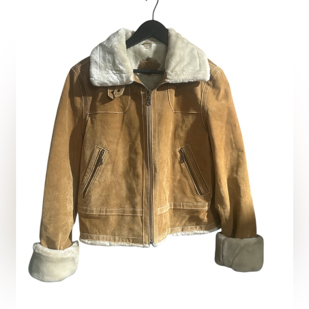 Wilsons Leather Tan Suede Bomber with Cream Shearling Trim
